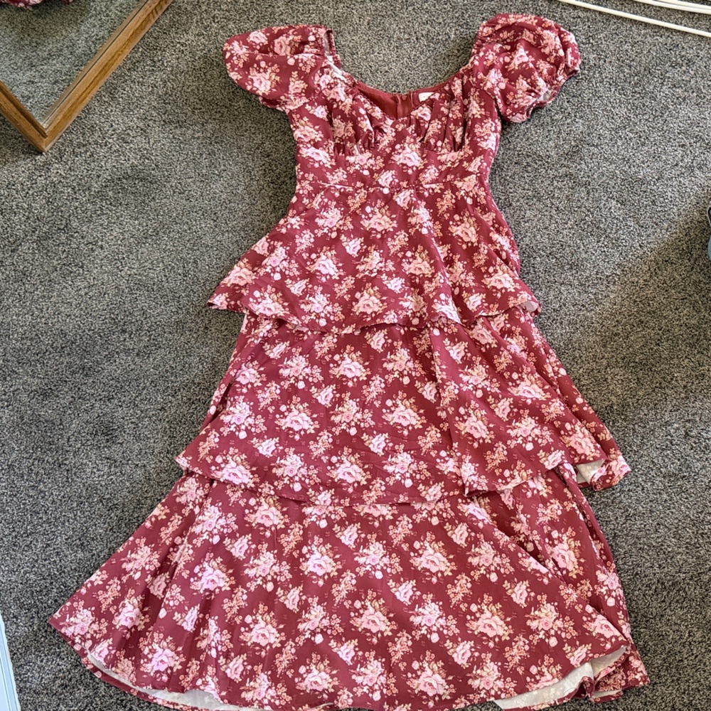 Altar'd State Burgundy Floral Puff-Sleeve Tiered Midi Dress